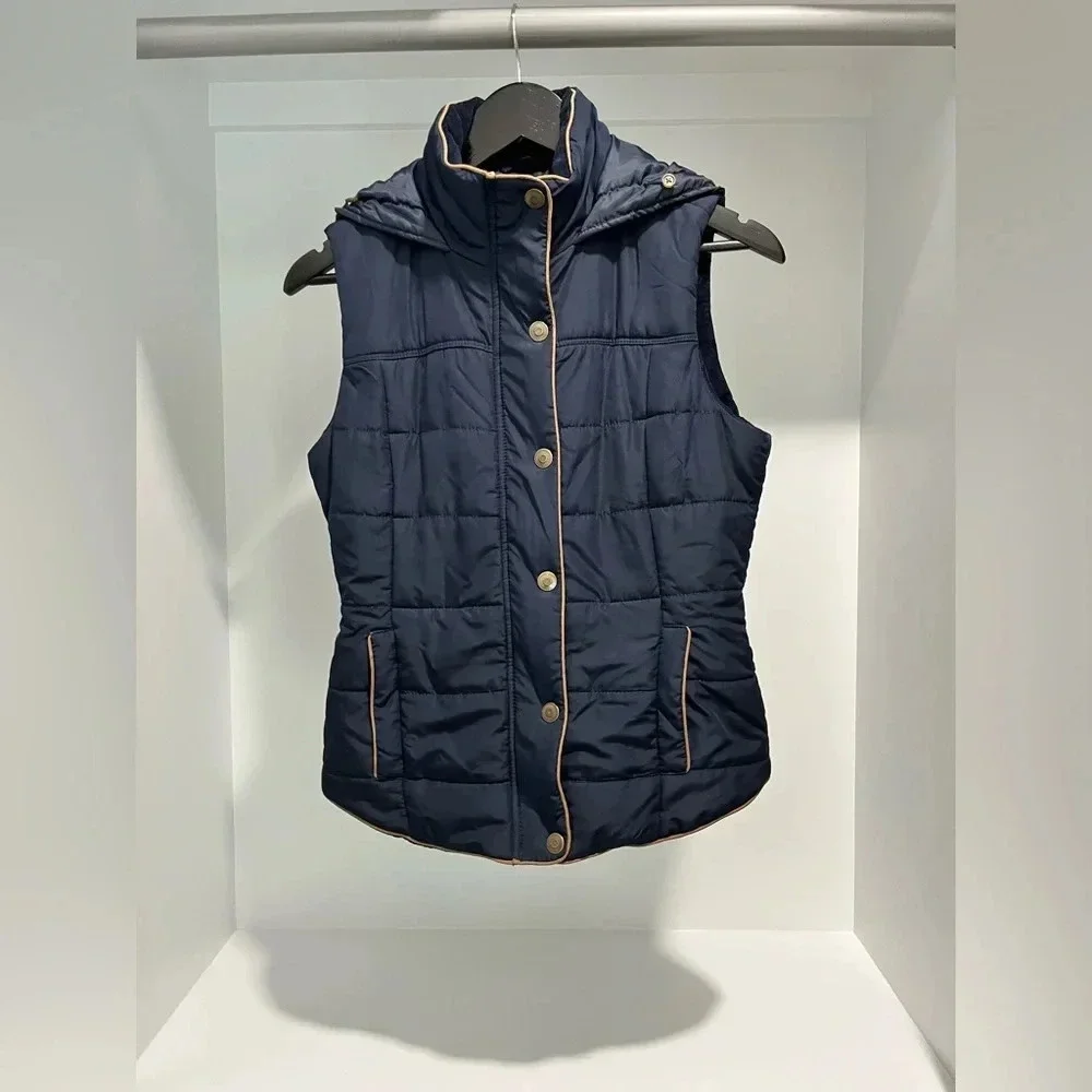 PRINCE & FOX navy puffer vest zip snaps removable fur trim hood pockets Small